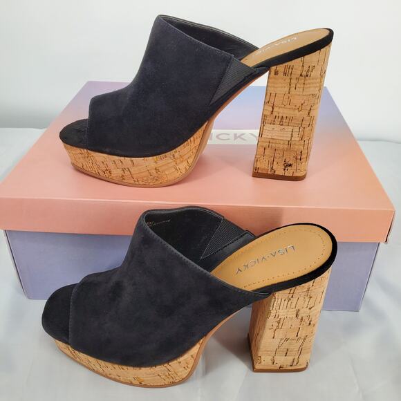 Lisa Vicky Women's Size 8 Joy-V Open Toe‎ Platform Sandal Black Kid Suede New - Picture 1 of 10